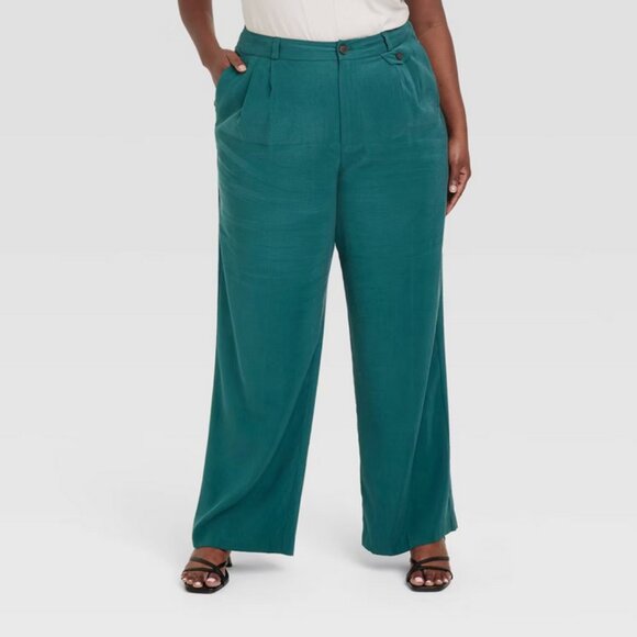 Women's High-Rise Relaxed Fit Baggy Wide Leg Trousers - A New Day Green 10 - Picture 3 of 4